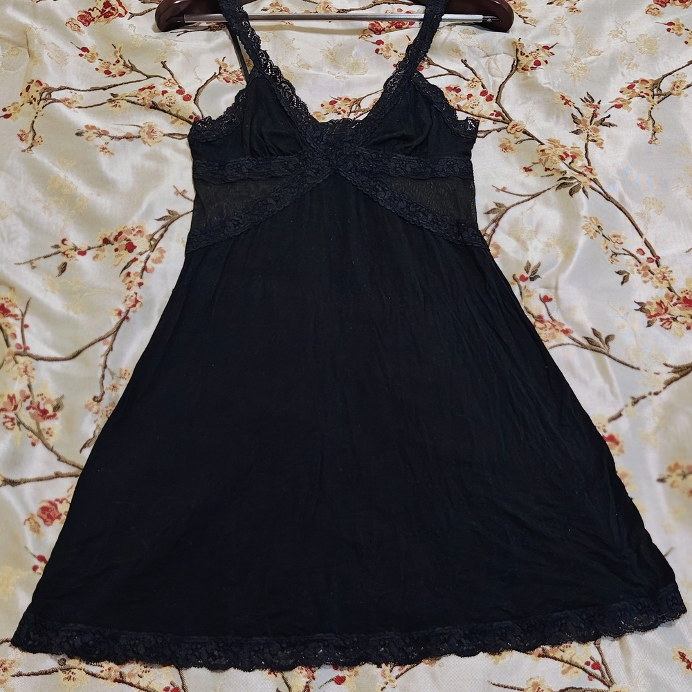 Black Lace Slip Dress Babydoll Nightgown | Sheer Panel Mini Dress